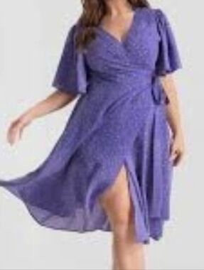 BloomChic Lavender Wrap High-Low Dress with Flutter Sleeves